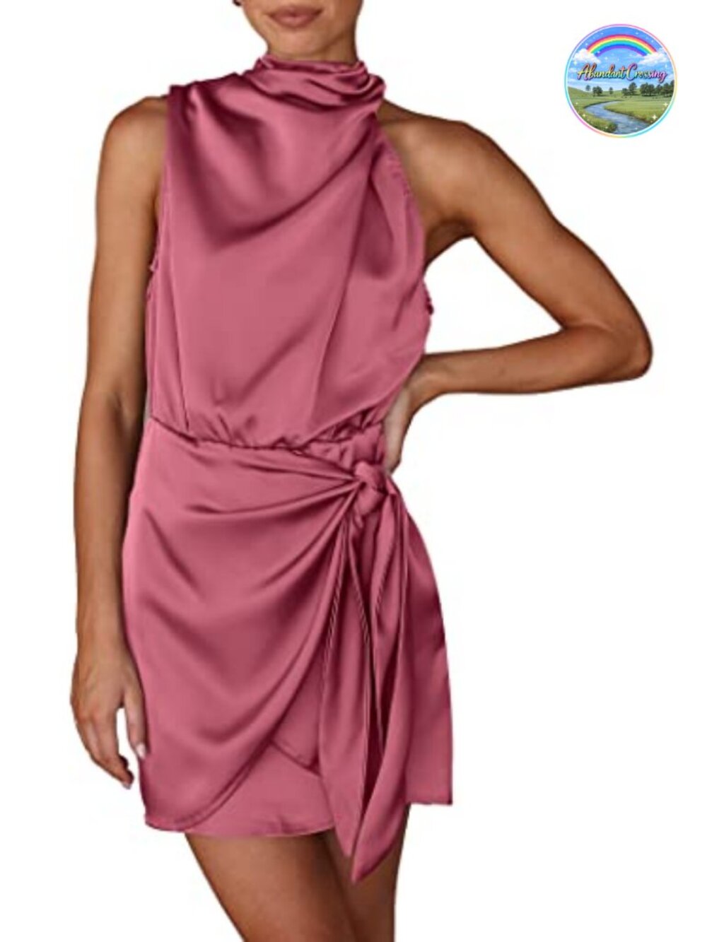 Women's Satin Sleeveless Mock Neck Tie Waist Bodycon Mini Dress Cocktail Party